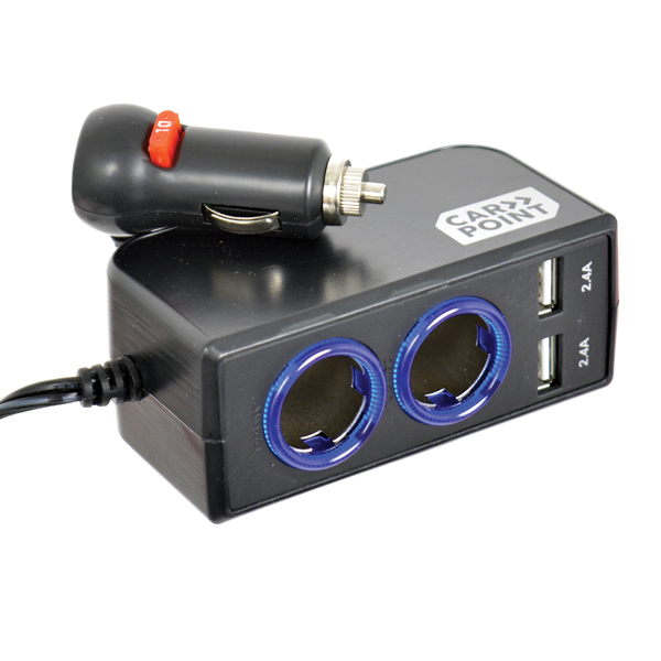 Carpoint 2-Weg Stekkerdoos 2x12/24V 2xUSB 10A
